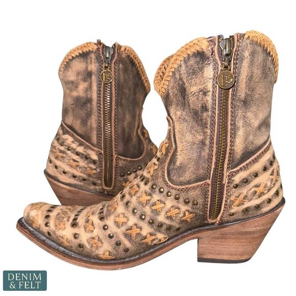 Liberty Black Vintage Canela Studded Leather Boots Brown Distressed Booties - Picture 7 of 16